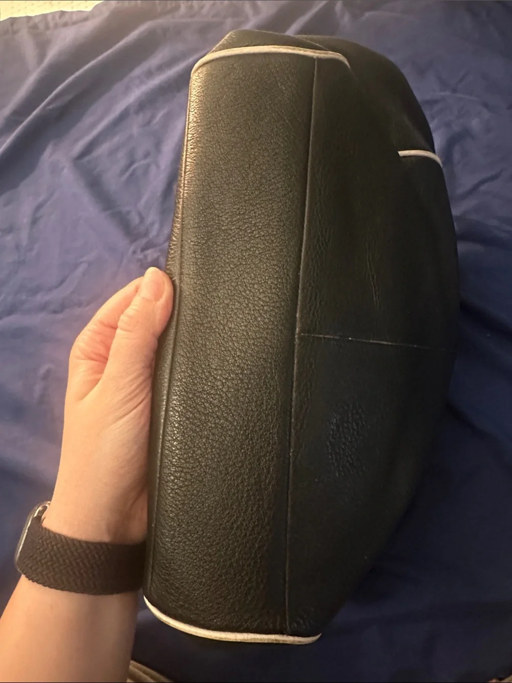 Coach Black Leather Hand Bag with Tan Handles and White Trim